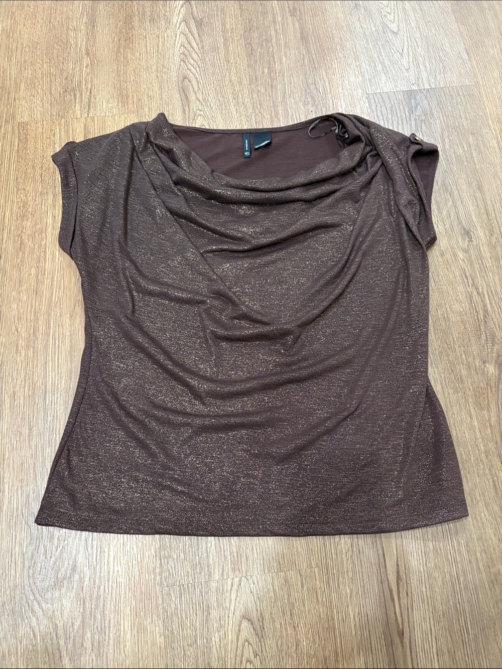 brown slouch cowl neck funky sparkly gold short sleeve top